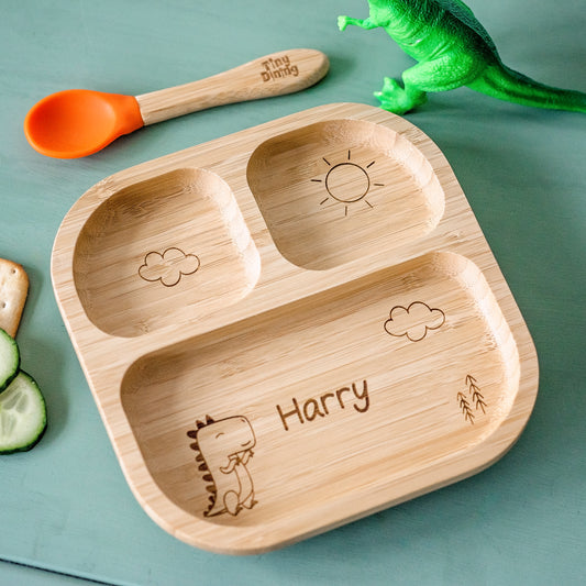 Personalised Bamboo Baby Suction Plate & Spoon Set - Dinosaur - Violet Belle Gifts - Personalised Bamboo Baby Suction Plate & Spoon Set - Dinosaur