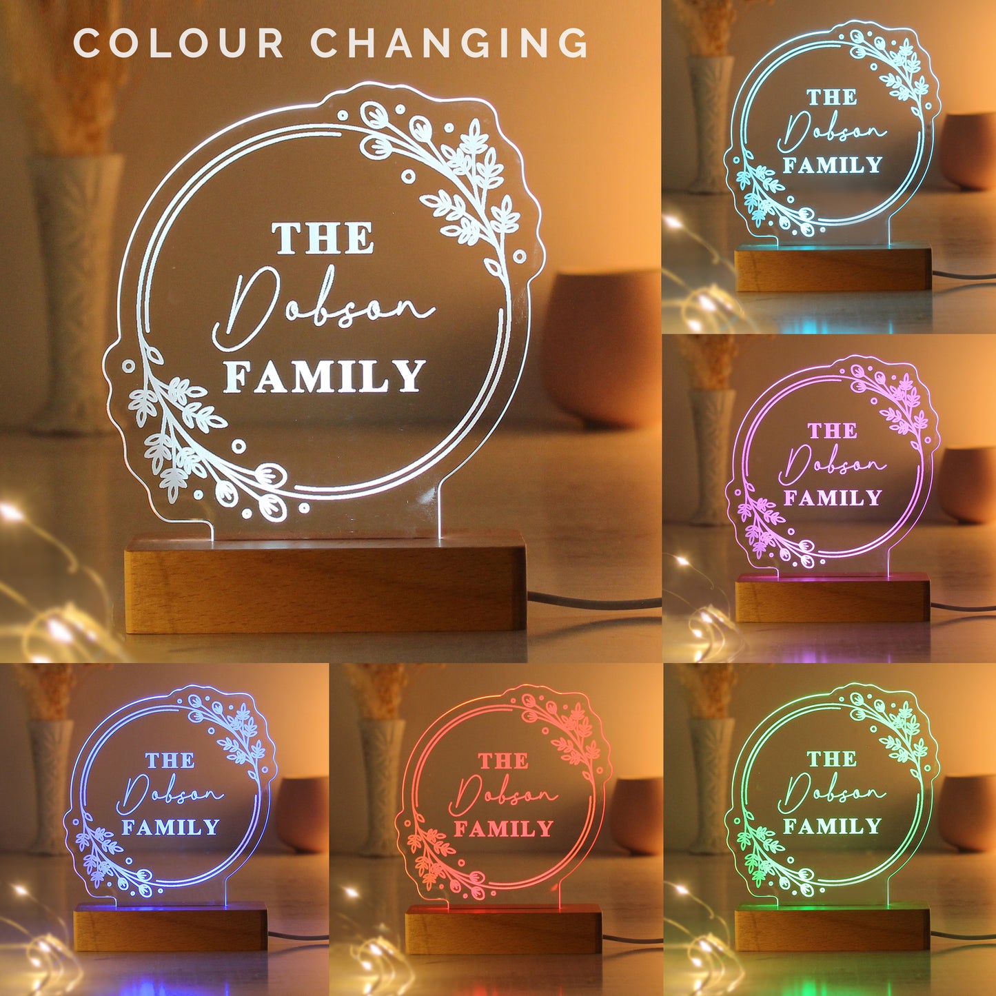 Personalised Floral Colour Changing LED Sign - Violet Belle Gifts - Personalised Floral Colour Changing LED Sign