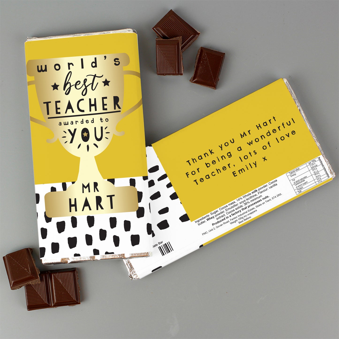 Personalised Worlds Best Teacher Milk Chocolate Bar 100g - Violet Belle Gifts - Personalised Worlds Best Teacher Milk Chocolate Bar 100g