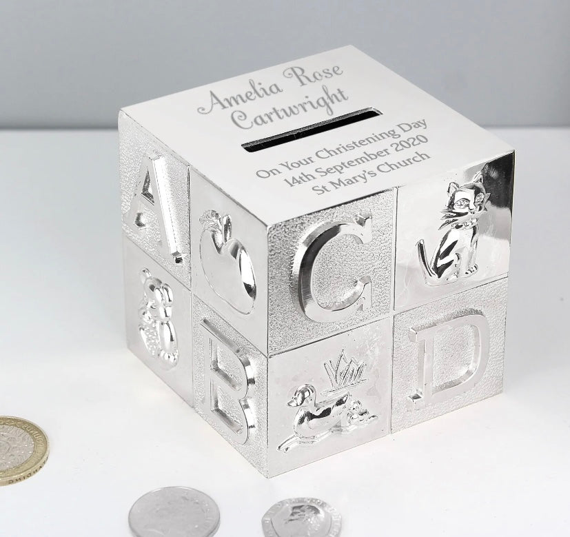 Personalised ABC Moneybox - Violet Belle Gifts - Engraved christening money box