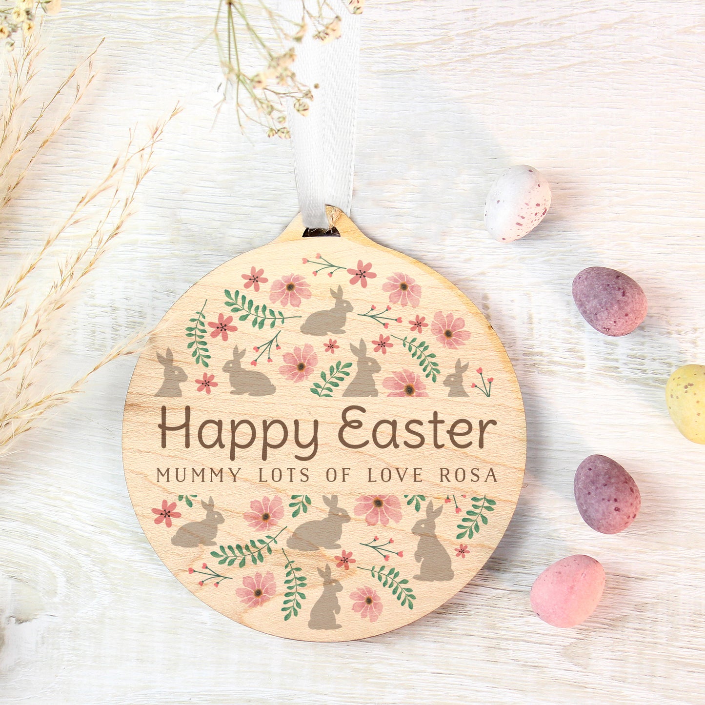 Personalised Wooden Easter Gift Decoration - Floral - Violet Belle Gifts - Personalised Wooden Easter Decoration