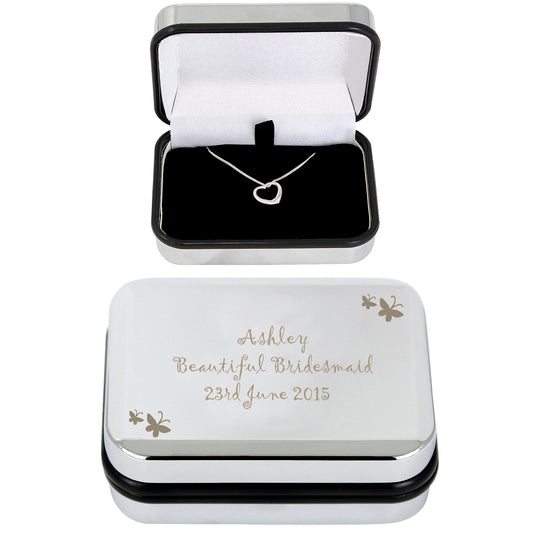 Personalised Butterfly Necklace Box - Including Sterling Silver Heart Necklace - Violet Belle Gifts - Personalised Bridesmaids Necklace Box - Including Sterling Silver Heart Necklace