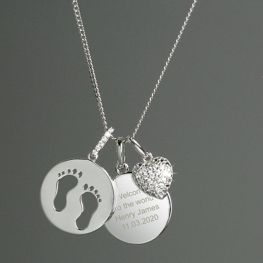 Personalised Sterling Silver Footprints & Cubic Zirconia Heart Necklace - Violet Belle Gifts - Personalised Silver Necklace