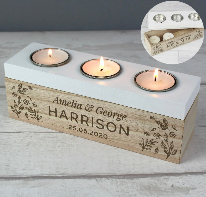 Personalised Floral Triple Tea Light Box - Violet Belle Gifts - Personalised New Home Candle Holder