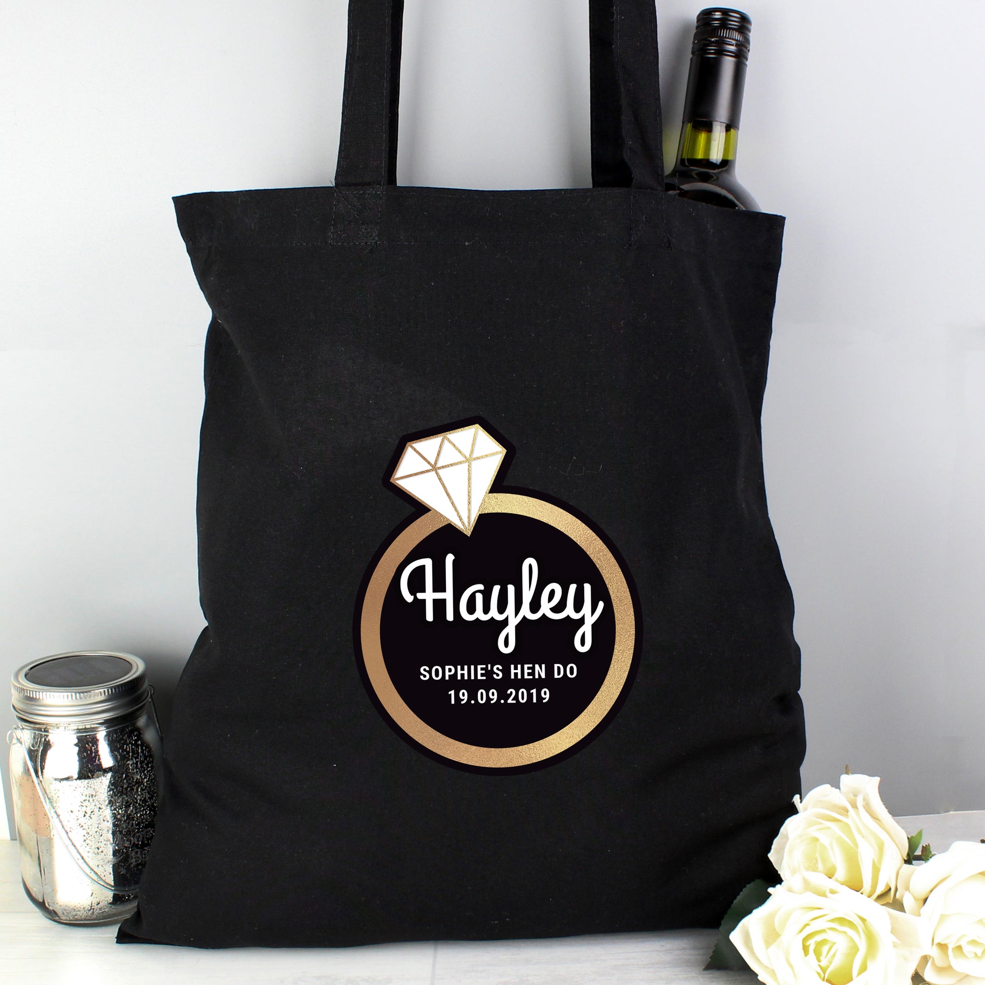 Personalised Gold Ring Black Cotton Tote Bag - Violet Belle Gifts - Personalised Cotton Tote Bag