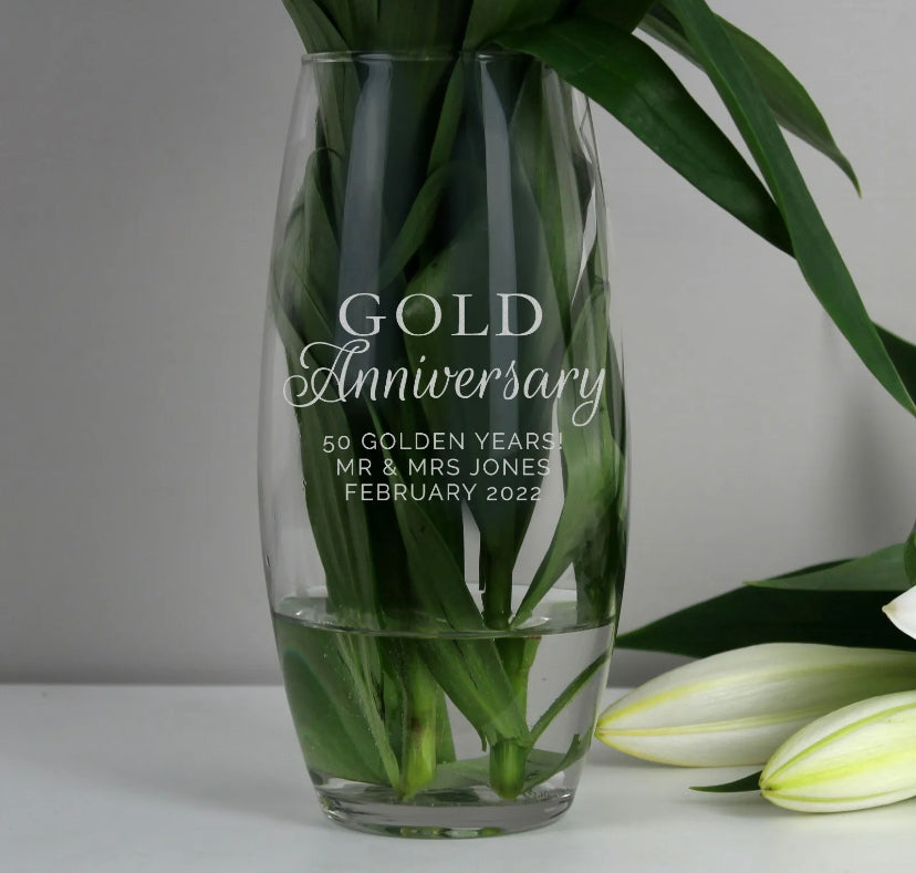 Personalised Silver, Ruby or Gold Wedding Anniversary Glass Bullet Vase - Violet Belle Gifts - Personalised Glass Vase