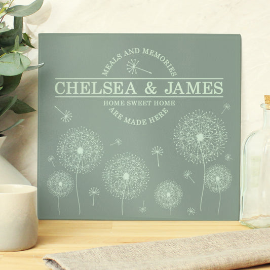 Personalised Dandelion Glass Chopping Board/Worktop Saver - Violet Belle Gifts - Personalised Glass Chopping Board