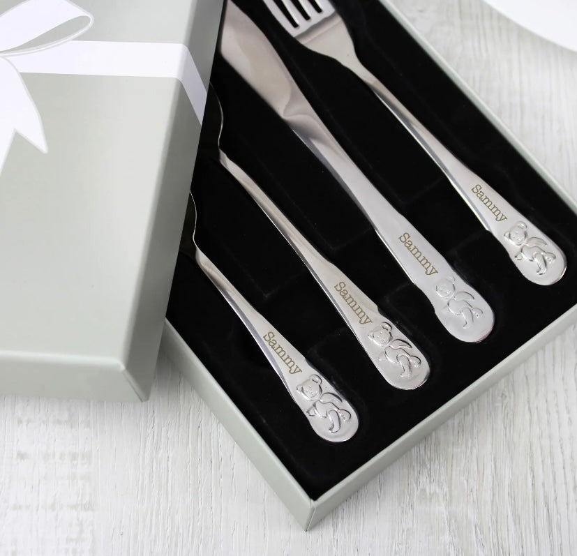 Children’s Personalised Teddy Bear Cutlery Set - Violet Belle Gifts - Personalised Cutlery Set