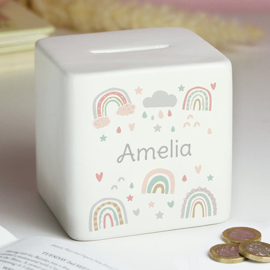 Personalised Ceramic Cube Money Box - Rainbows - Violet Belle Gifts - Personalised Ceramic Cube Money Box - Rainbows