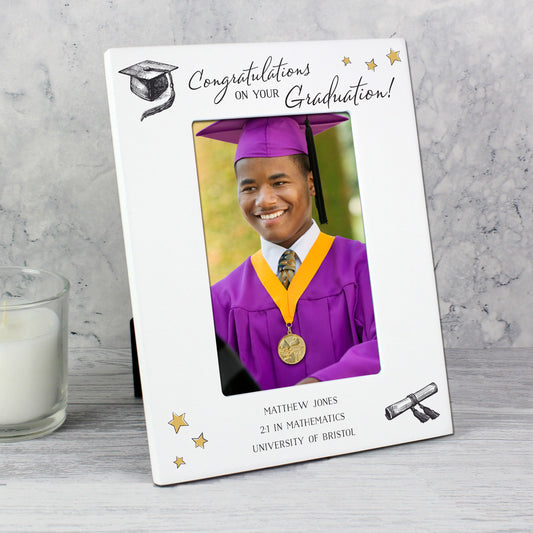 Personalised Graduation Frame 6x4 White Wood - Violet Belle Gifts - Personalised Graduation Picture Frame 6x4