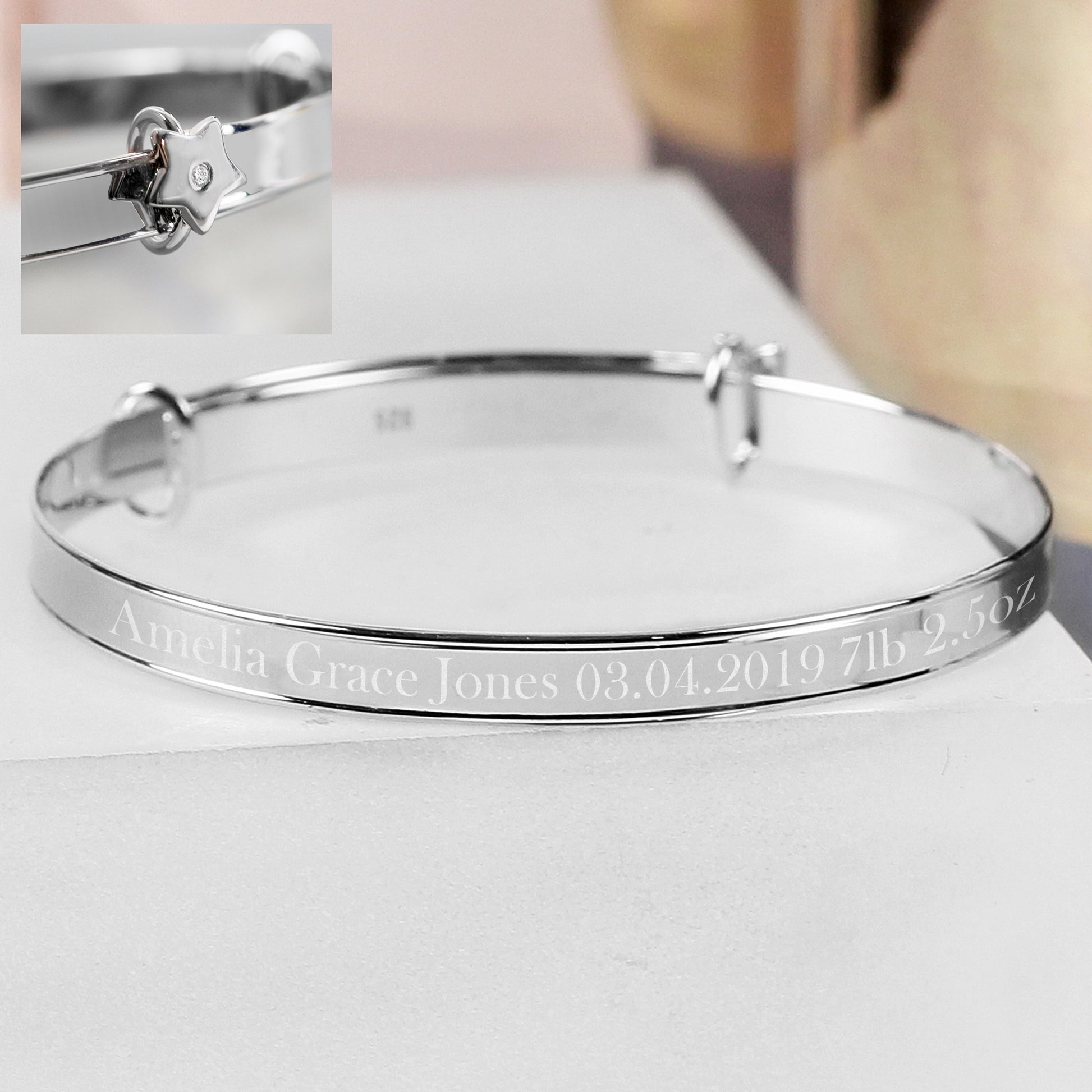 Personalised Sterling Silver Diamanté Baby Bangle - Violet Belle Gifts - 