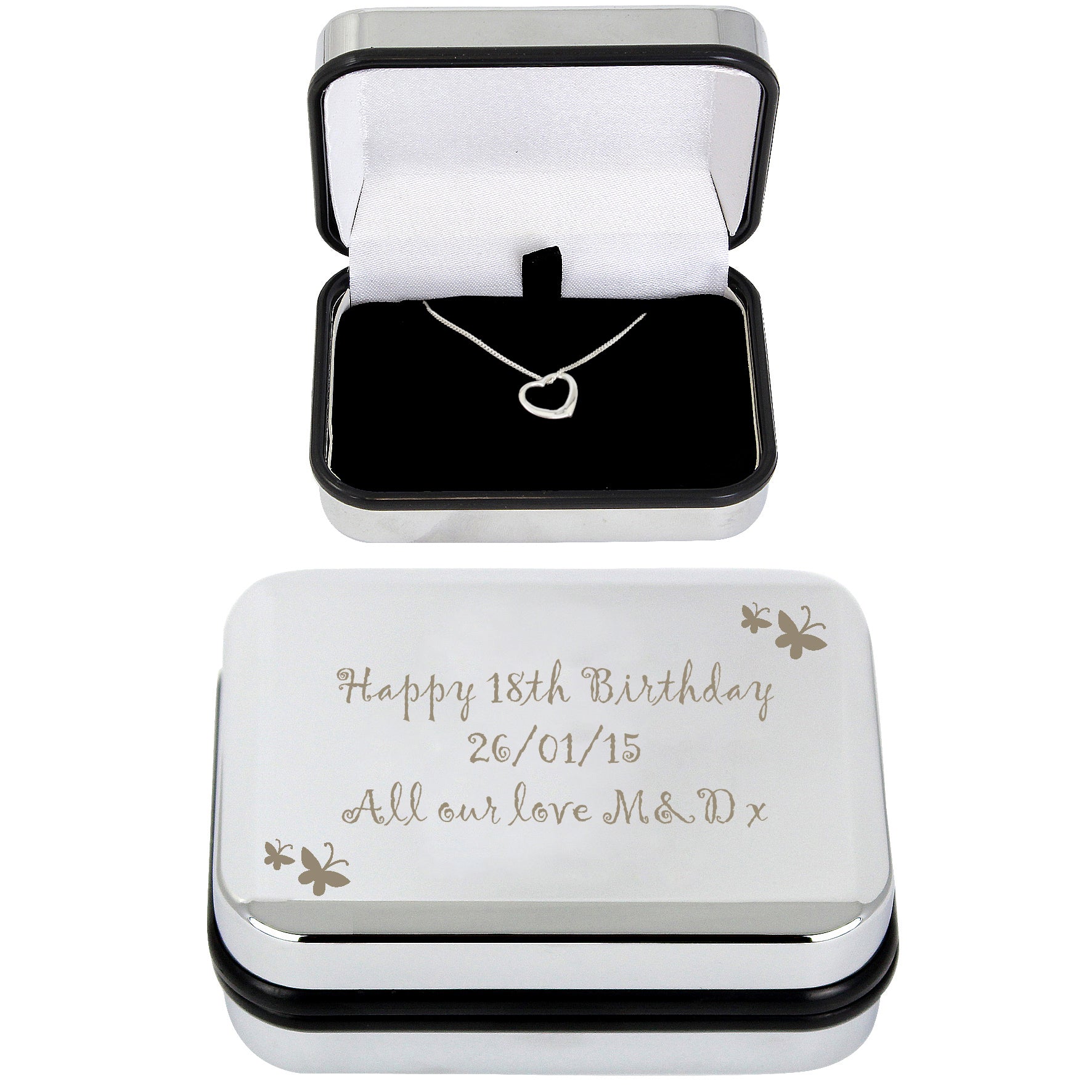 Personalised Butterfly Necklace Box - Including Sterling Silver Heart Necklace - Violet Belle Gifts - Personalised Bridesmaids Necklace Box - Including Sterling Silver Heart Necklace