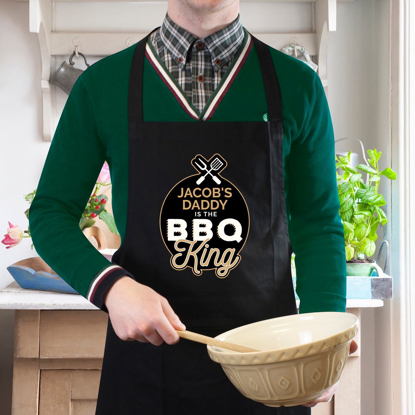 Personalised “Is The BBQ King” Black Cotton Apron - Violet Belle Gifts - Personalised Black Cotton Apron