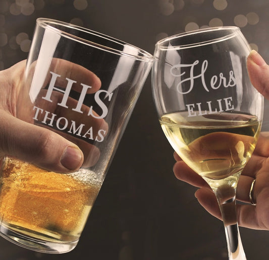 His & Her Personalised Glass Set - Violet Belle Gifts - Personalised Beer Glass & Personalised Wine Glass Gift Set