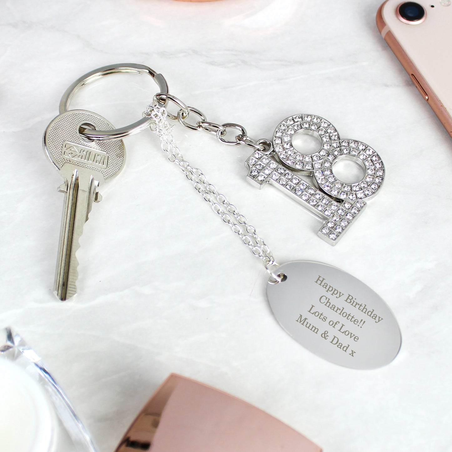 Personalised Diamanté 18 Keyring - Violet Belle Gifts - 18 Personalised Key Ring