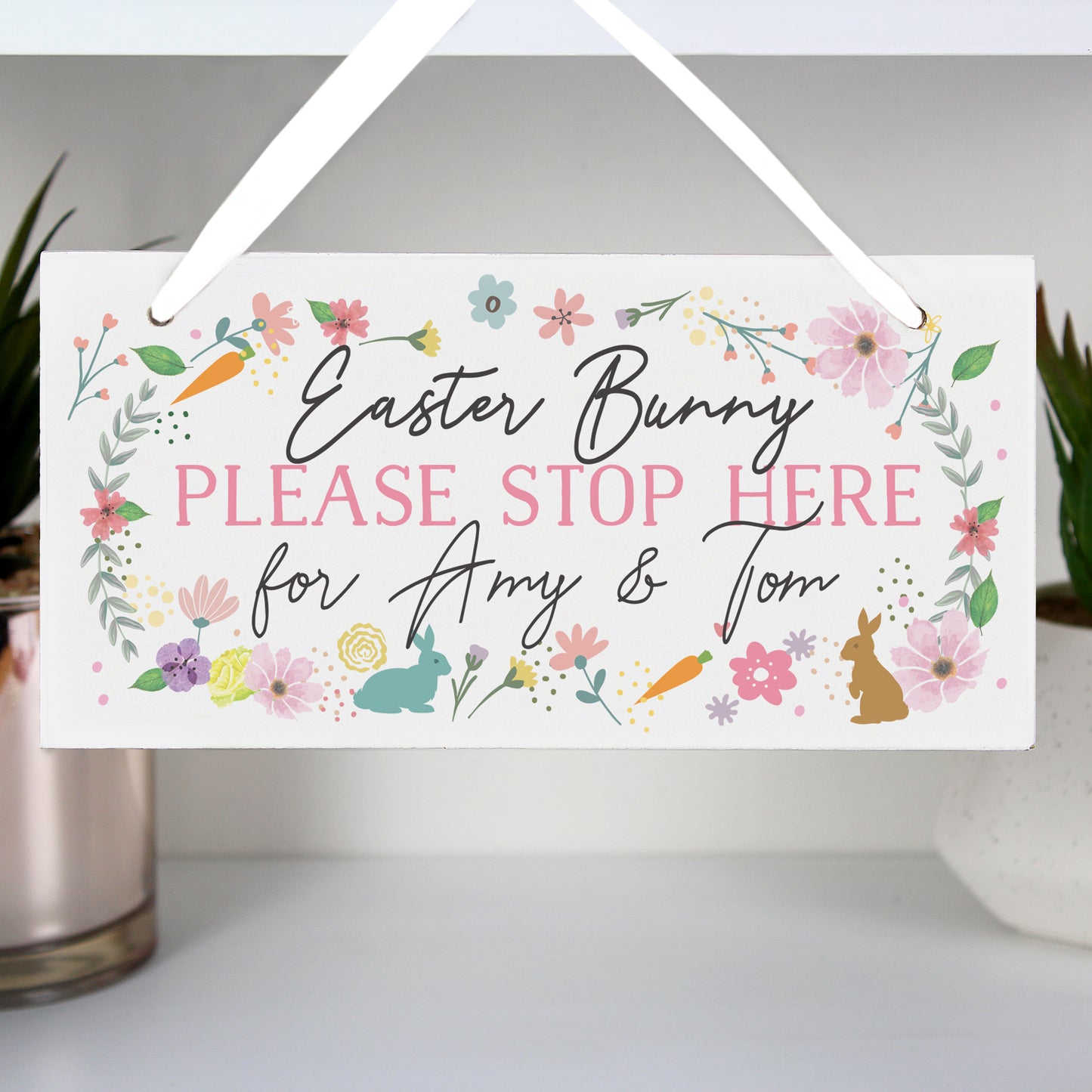Personalised Wooden Easter Gift Decoration - Rectangle Floral Bunny - Violet Belle Gifts - Personalised Easter Hanger Decoration