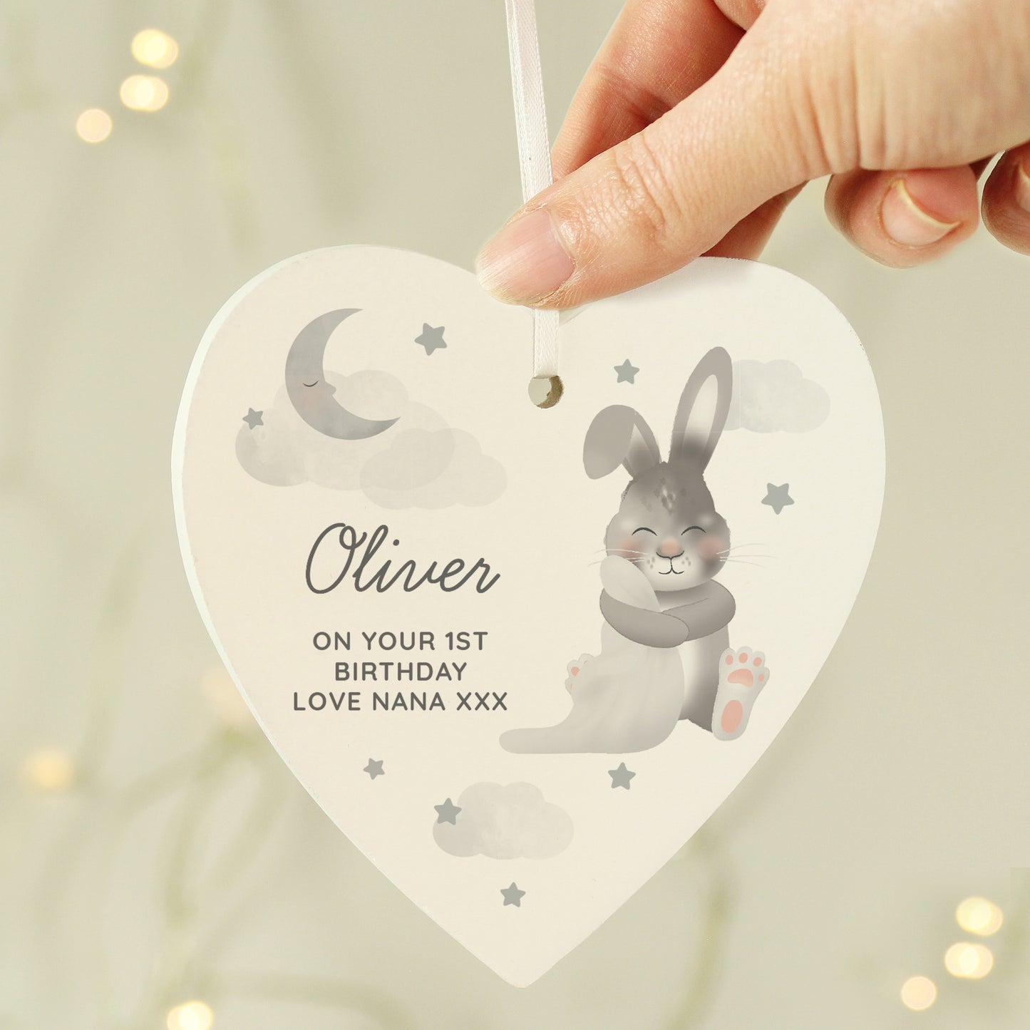 Personalised Baby Bunny Wooden Hanging Heart - Violet Belle Gifts - Personalised Baby Decoration